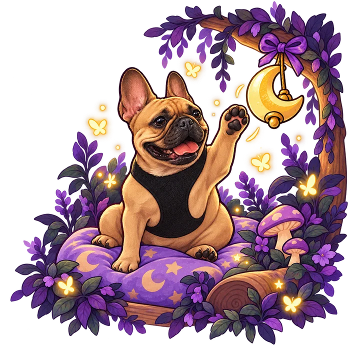 Bulldog caramelo da Laila ao lado de um sino em forma de lua